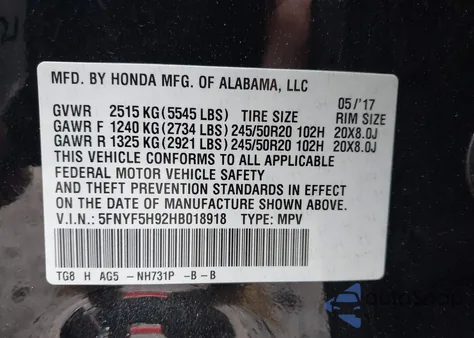 2017 Honda Pilot Touring из США, поврежденный, VIN 5FNYF5H92HB018918